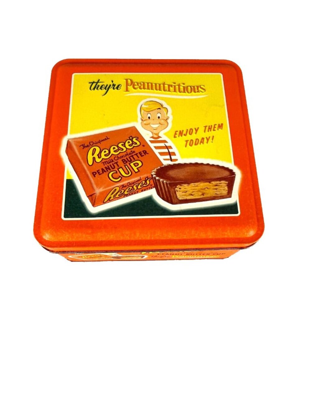 Vintage 1997 Reese's Peanut Butter Cups Hersheys Food Empty Tin 6"L x 6"W x 3"H